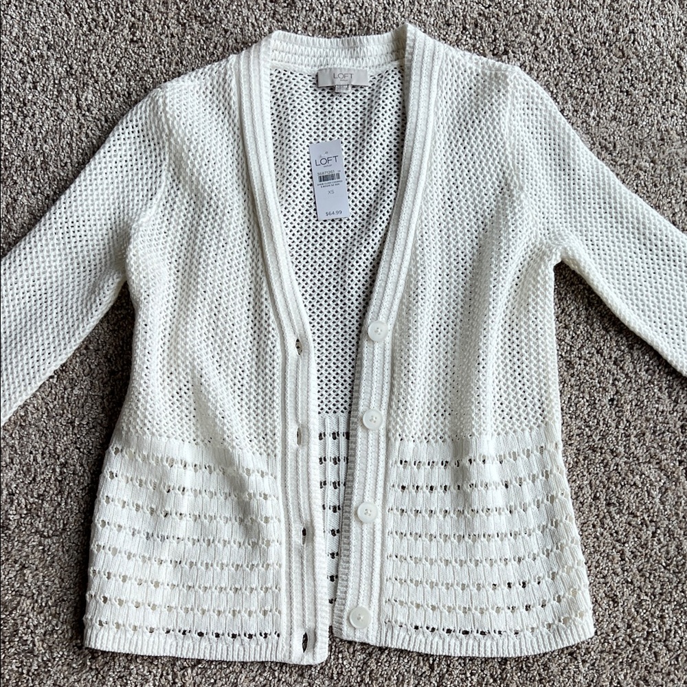 LOFT Cream Open-Knit Button Cardigan